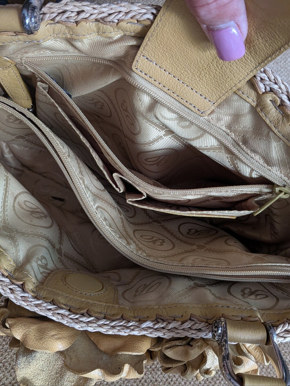 Brighton Soft Woven Handbag with Yellow Leather Floral Trim - Picture 6 of 11